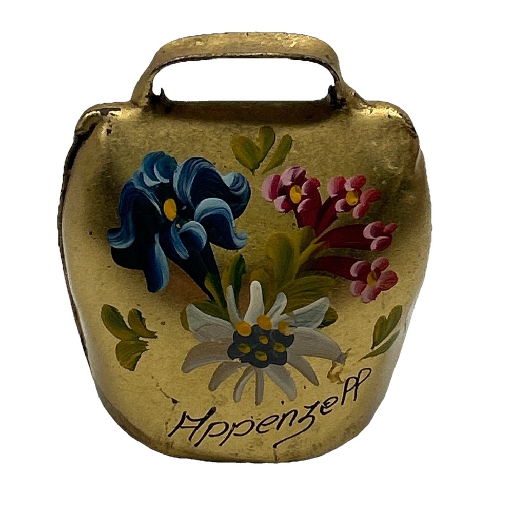 Vintage Swiss Appenzell Hand Painted Floral Brass Cowbell Souvenir Bell